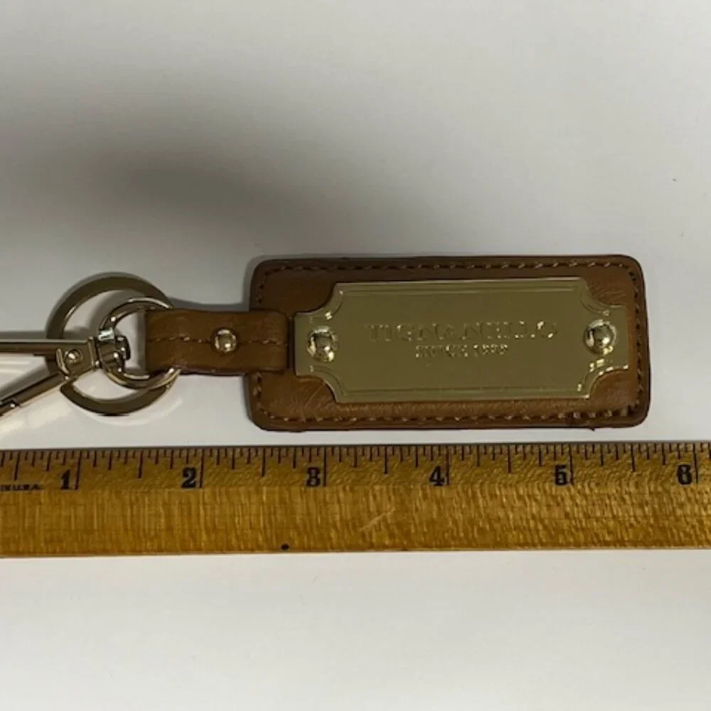 Tignanello Brown Leather Metal Key Fob Purse Clip & Ring Hang Tag